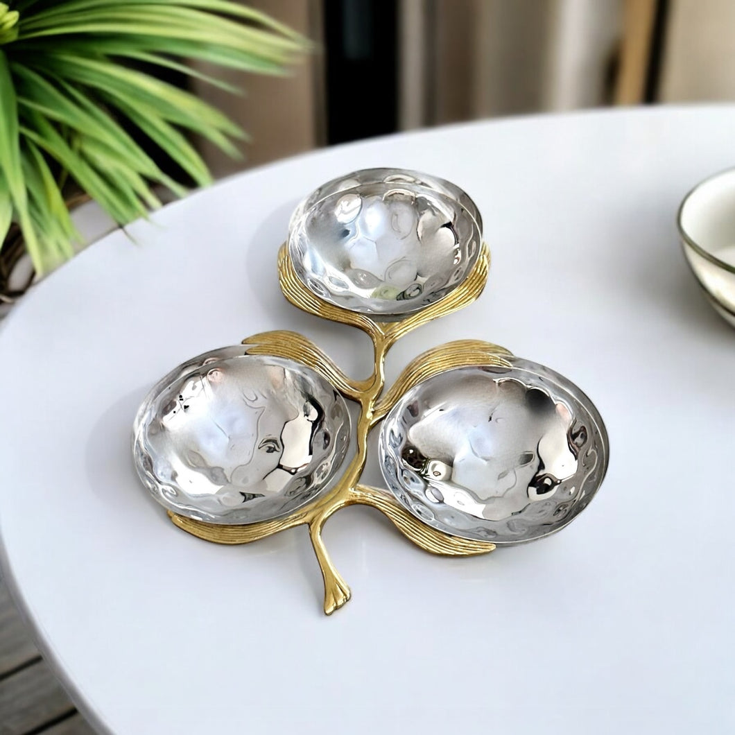 Olivia Triple Dish by Meraki Lily, a luxury three-section serving dish for snacks, nuts, candies, sauces, and dips
