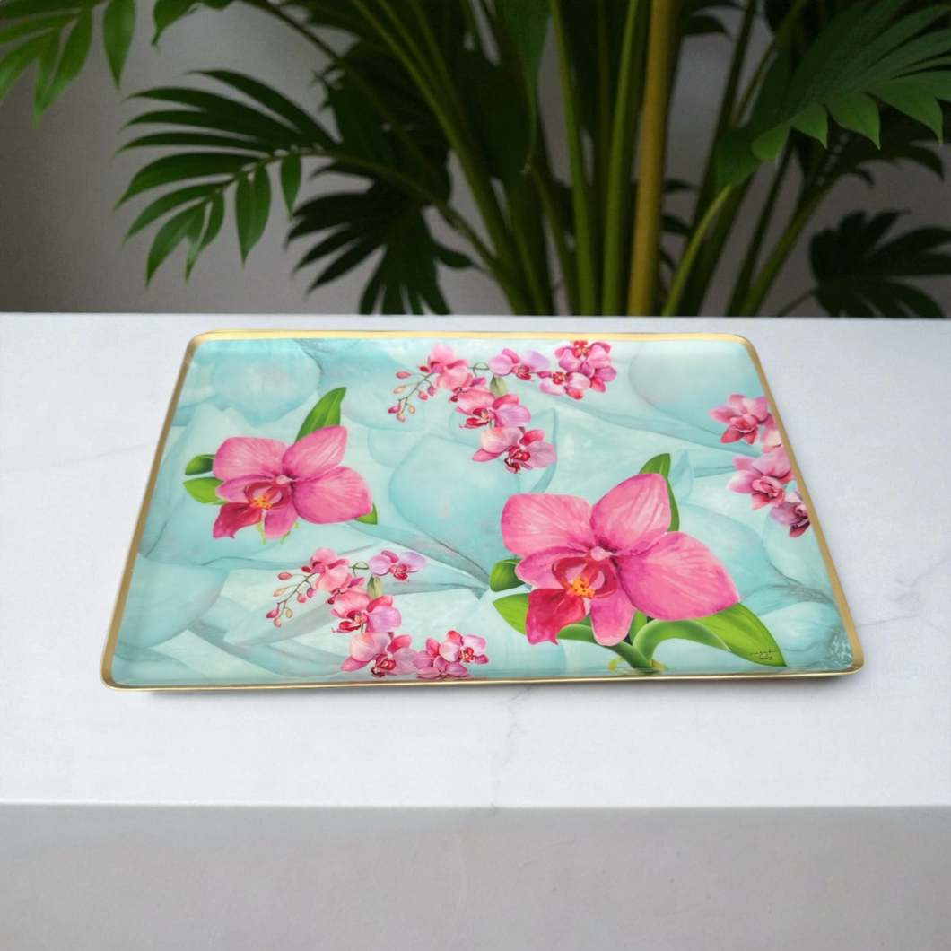Orchid Bloom Tray featuring delicate floral design, perfect for serving or decorating your table