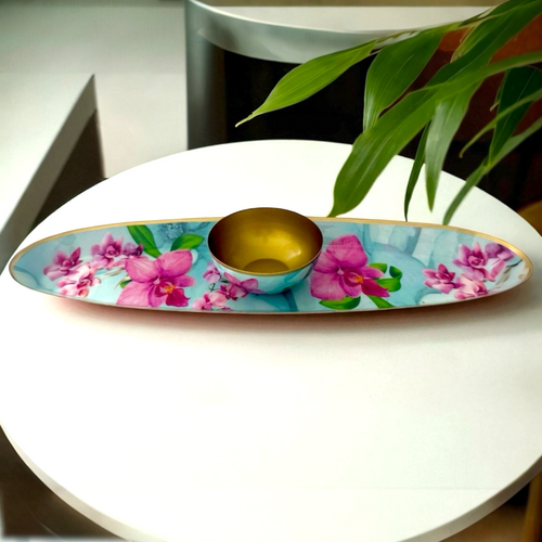 Orchid Bloom Oblong Set with delicate orchid floral design, ideal for serving or decorating.