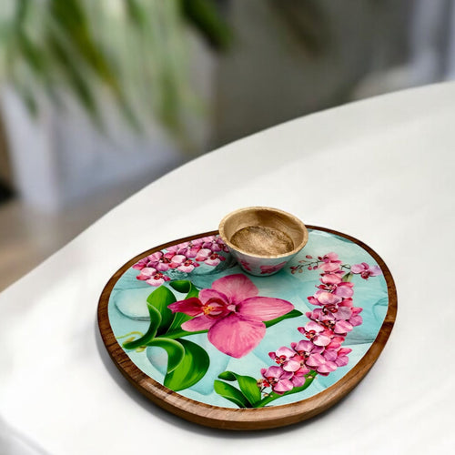 Orchid Bloom Platter Set with floral orchid design, ideal for serving appetizers or desserts.