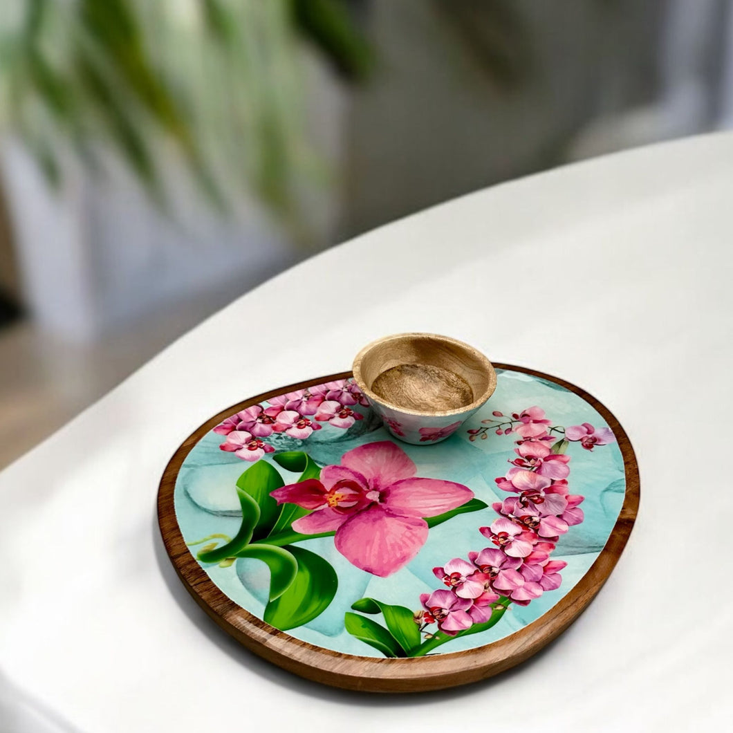 Orchid Bloom Platter Set with floral orchid design, ideal for serving appetizers or desserts.