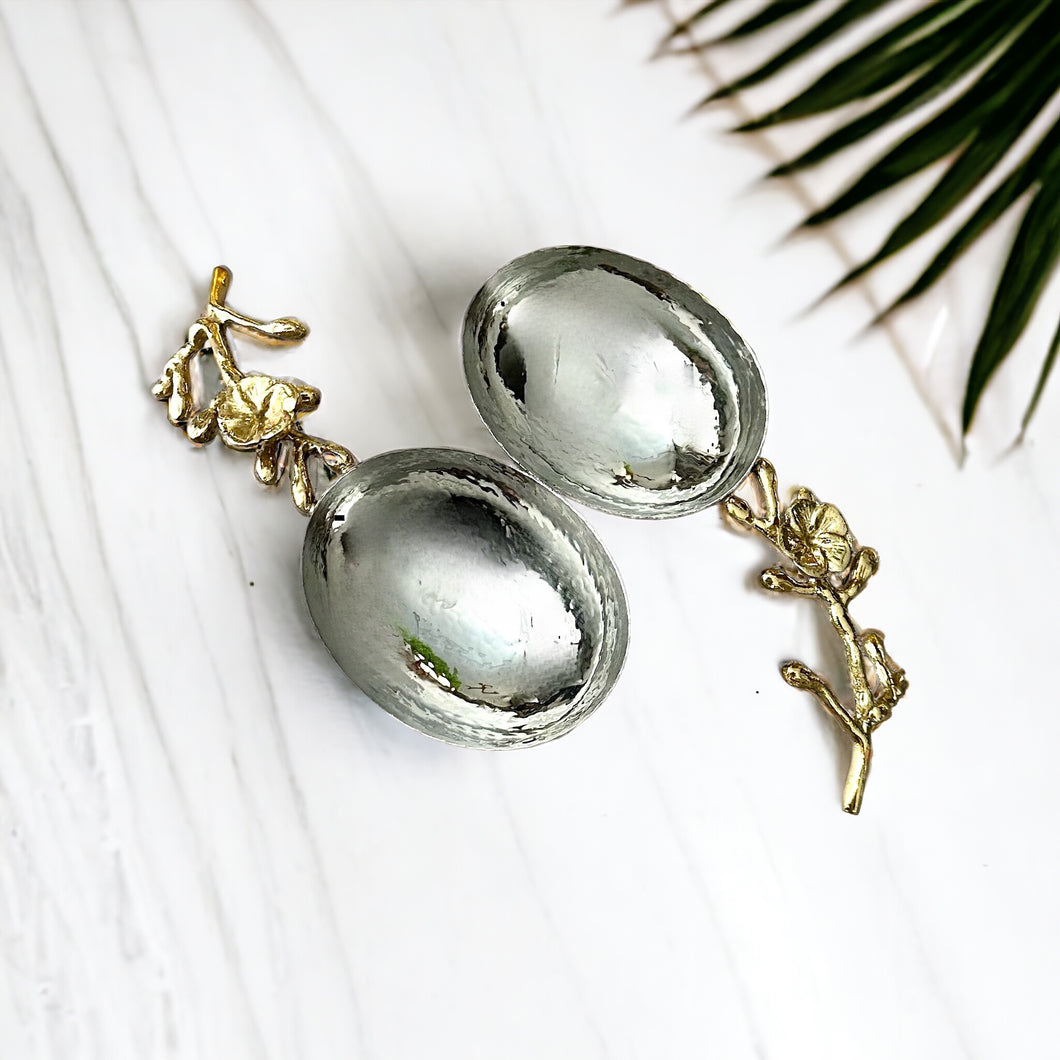 Orchid Nut Dish Set of 2 by Meraki Lily, silver bowls with gold handles for serving nuts, candies, or sauces
