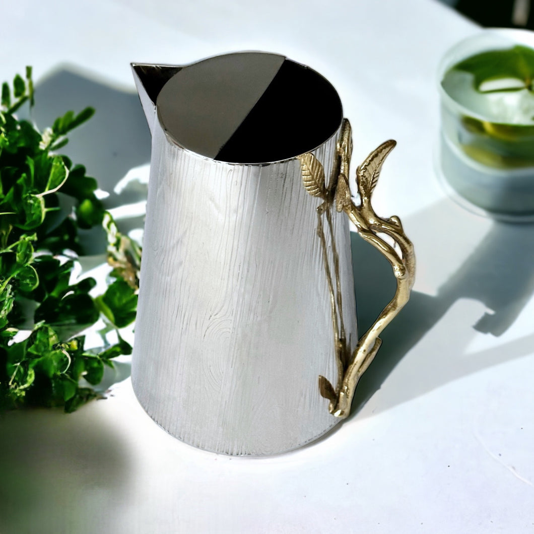 Orchid Pitcher in silver and gold by Meraki Lily, handcrafted, ideal for serving water, cocktails, or floral arrangements