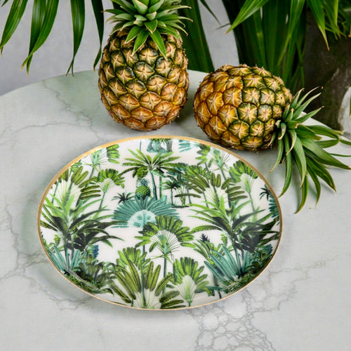 Rainforest Round Tray with tropical palm design, ideal for serving snacks or fruits.