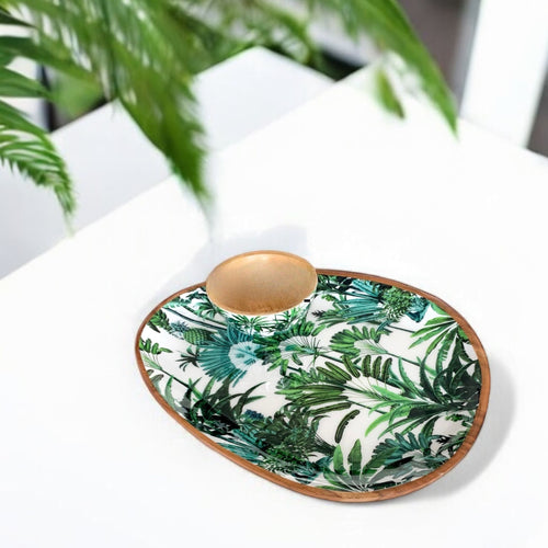 Rainforest Serving Platter Set by Meraki Lily with palms, pineapples,tropical design, includes matching dip bowl, ideal for appetizers or desserts.