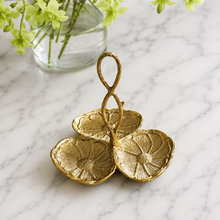 Load image into Gallery viewer, The Trilla Dish: gold 3-compartment serving dish for snacks, condiments &amp; Diwali mithai. Free Singapore delivery over S$150.
