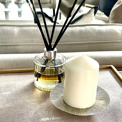 silver textured metal candle base, practical modern and luxurious