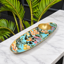 Load image into Gallery viewer, Zavira Oblong Platter with zebra stripes and tropical frangipani and lemons and citrus details.
