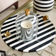 Load image into Gallery viewer, Black and white stripe marble platter with gold knobs, modern, elegant and contemporary monochrome
