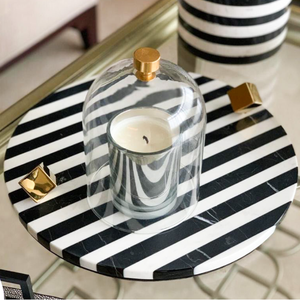 Black and white stripe marble platter with gold knobs, modern, elegant and contemporary monochrome