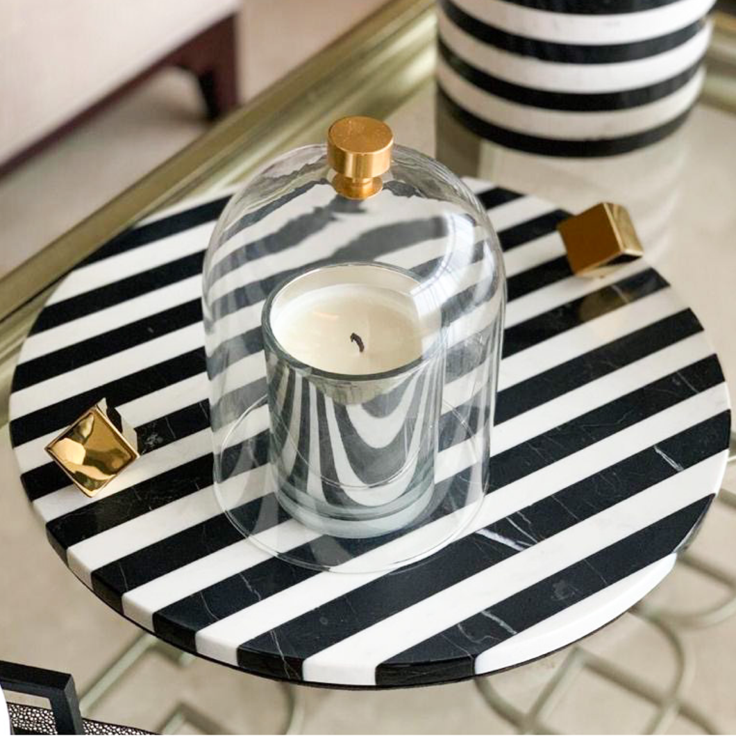 Black and white stripe marble platter with gold knobs, modern, elegant and contemporary monochrome