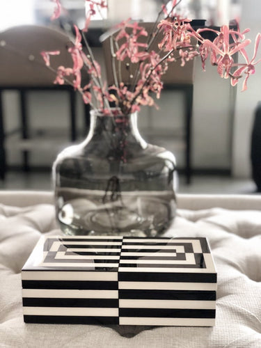 Black and white stripe lacquer box in geometric design, modern and elegant contemporary and monochrome