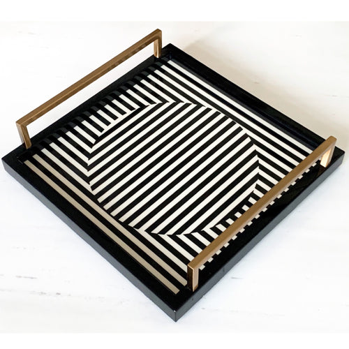 Black and white striped tray iwith gold handles, modern, stylish, contemporary and elegant