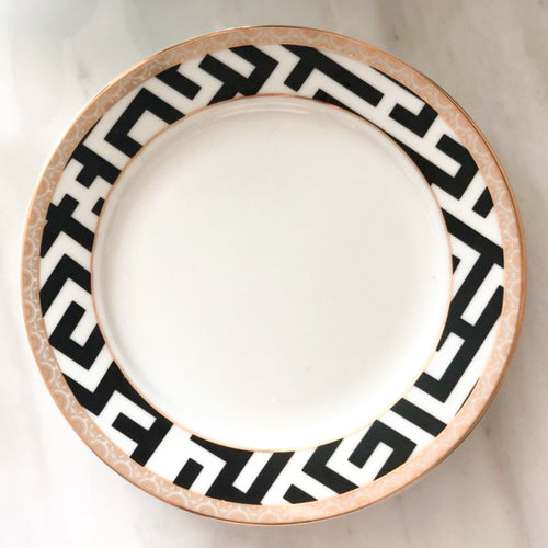 black and white bone china plate with gold rim, luxurious