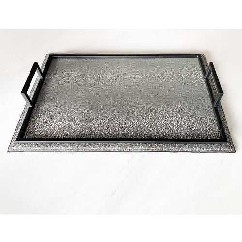 grey leather tray with black handle