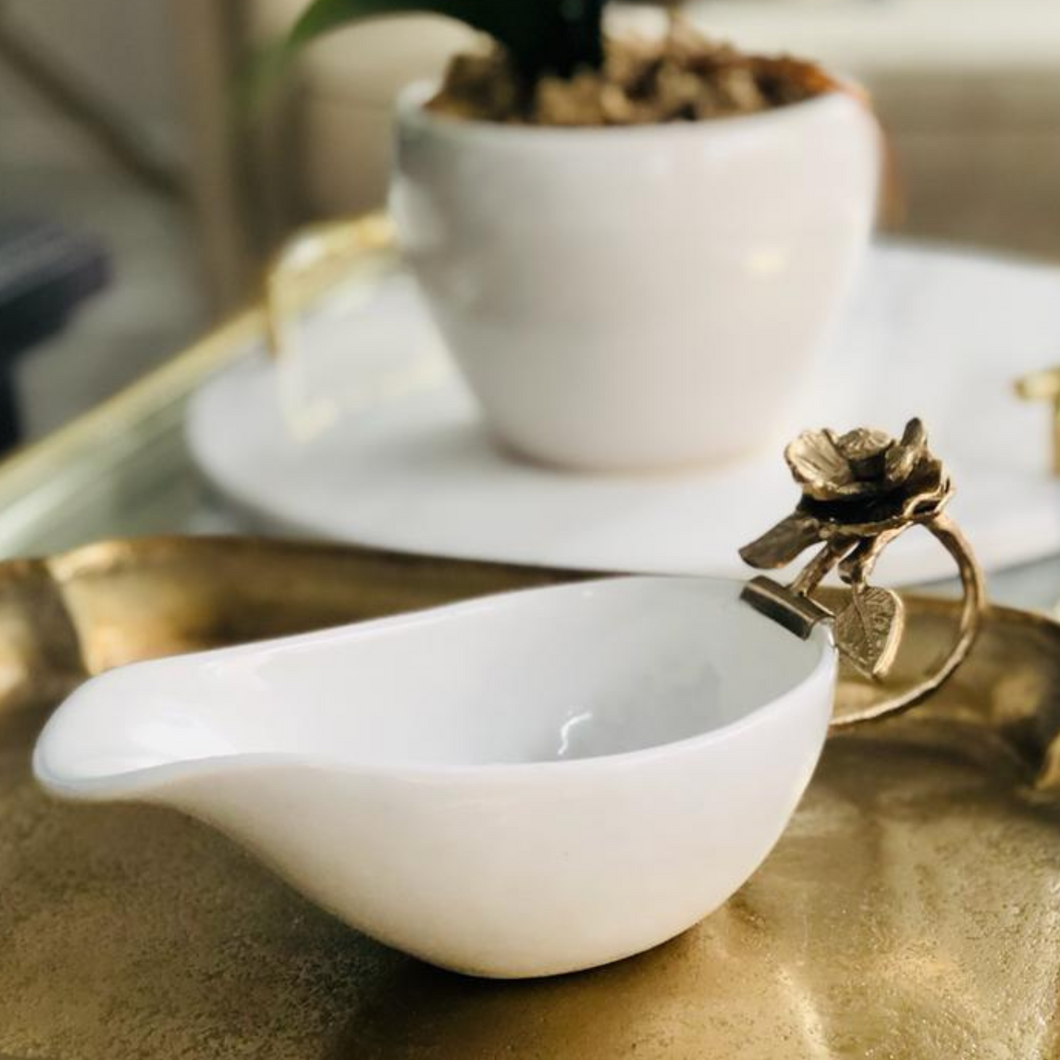 white and gold porcelain and gold flower gravy dish, luxurious and elegant
