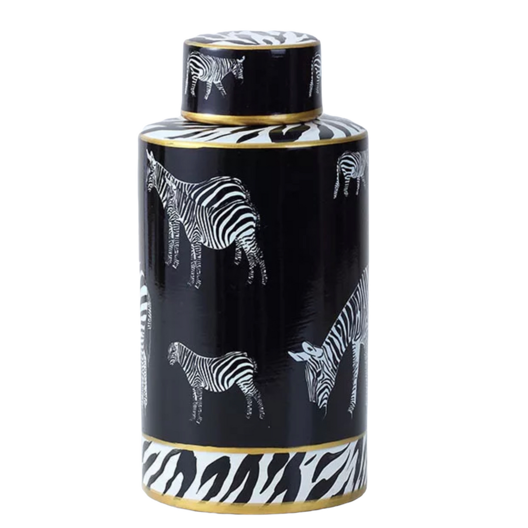 Black and white jar with zebra handprinted, modern and eclectic