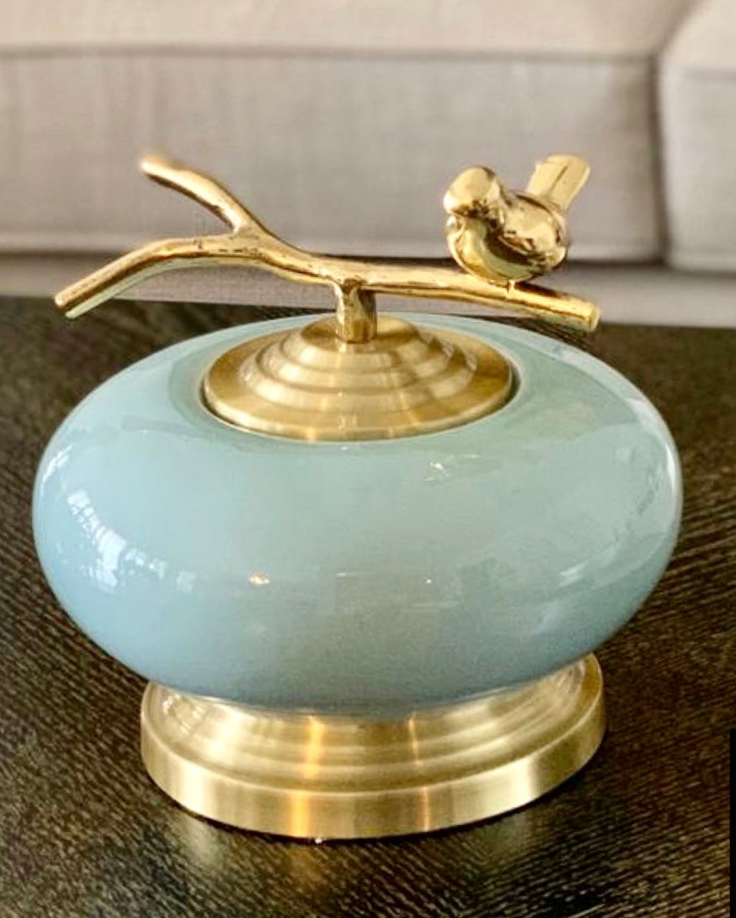 Greenish Blue Jade Decorative Ceramic Jar with gold bird lid, traditional and elegant