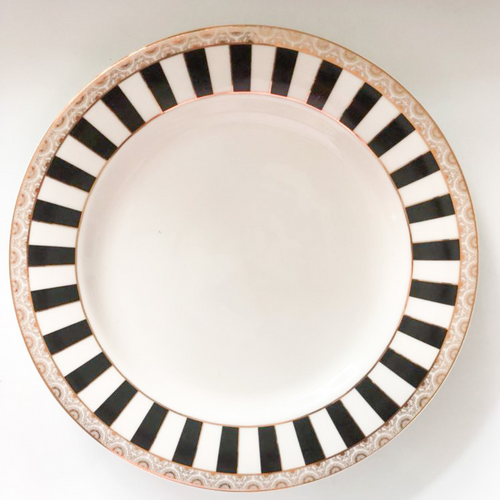 Black and white bone china plate, with gold rim, modern monochrome and luxurious