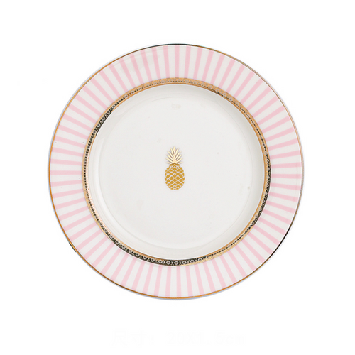 Pink stripes bone china plate with gold pineapple, soft pastel and elegant