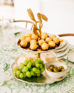 silver and gold 2 tier dessert and pastry stand, luxury, elegant, gold corn handle