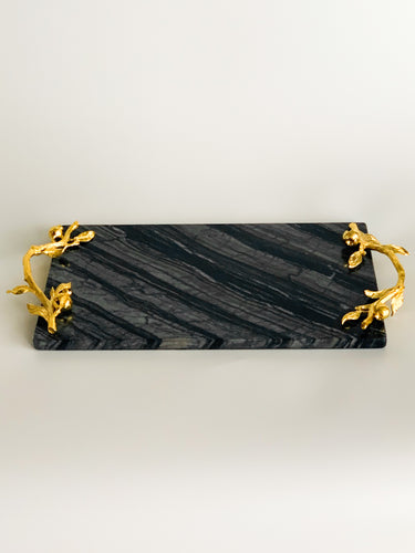 black grey marble platter tray with gold handles, beautiful modern