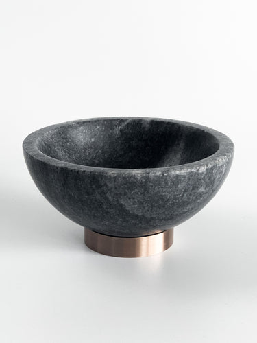 Allure Black Marble Dip Bowl by Meraki Lily, marble bowl on brass base for serving dips, snacks, and stylish table decor
