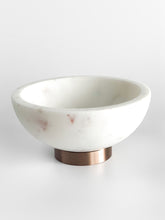 Load image into Gallery viewer, Allure White Marble Dip Bowl by Meraki Lily—luxurious white marble on a brass base, perfect for serving dips, snacks, or small treats. Timeless, stylish, and functional.
