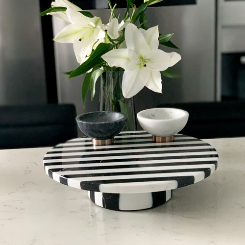 Amaya Marble Stand by Meraki Lily, black and white striped cake and dessert display with cylindrical base, decorative table accent
