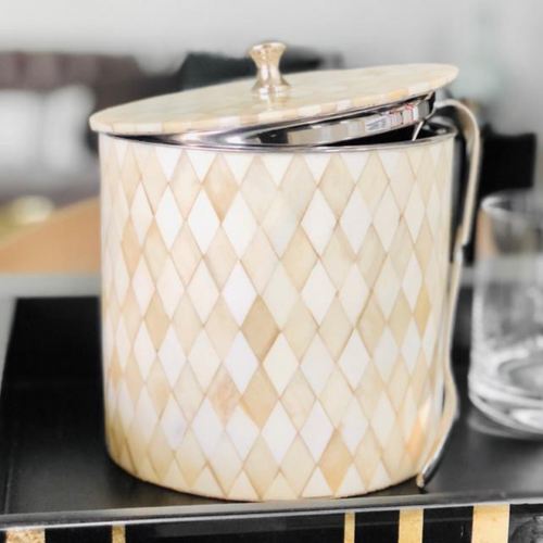 Ivory Ice Bucket by Meraki Lily, handmade bone inlay with stainless interior, includes tongs, luxury barware and serveware
