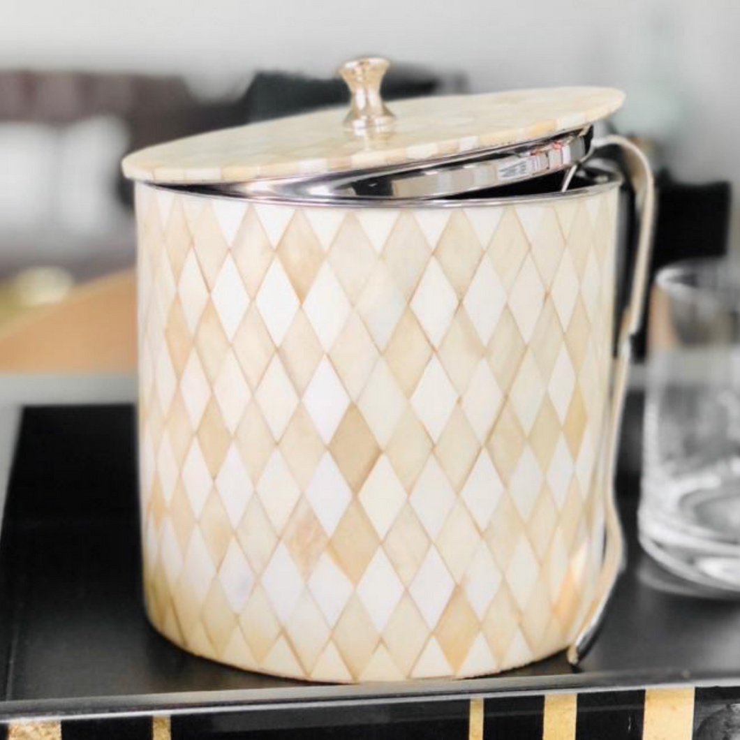 Ivory Ice Bucket by Meraki Lily, handmade bone inlay with stainless interior, includes tongs, luxury barware and serveware
