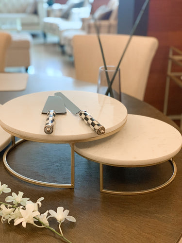 Santorini Marble Stand Set by Meraki Lily—white marble with grey veining, perfect for serving cakes, desserts, or as a decorative tabletop statement piece.