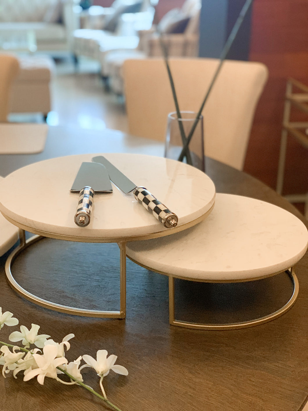 Santorini Marble Stand Set by Meraki Lily—white marble with grey veining, perfect for serving cakes, desserts, or as a decorative tabletop statement piece.