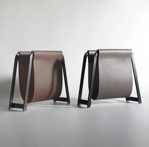 tan and black magazine rack, modern and minimalist
