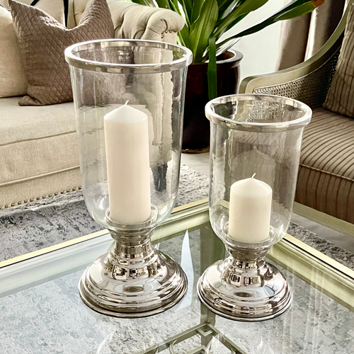 silver glass hurricane vase, candle stand with silver base, modern elegant and minimalist