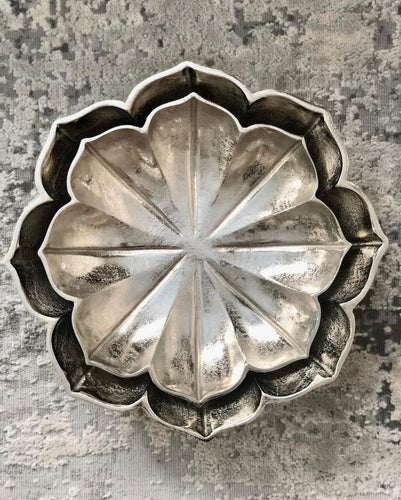 Zoya Lotus Platter by Meraki Lily, handcrafted silver decorative platter shaped like a lotus for table styling and home decor